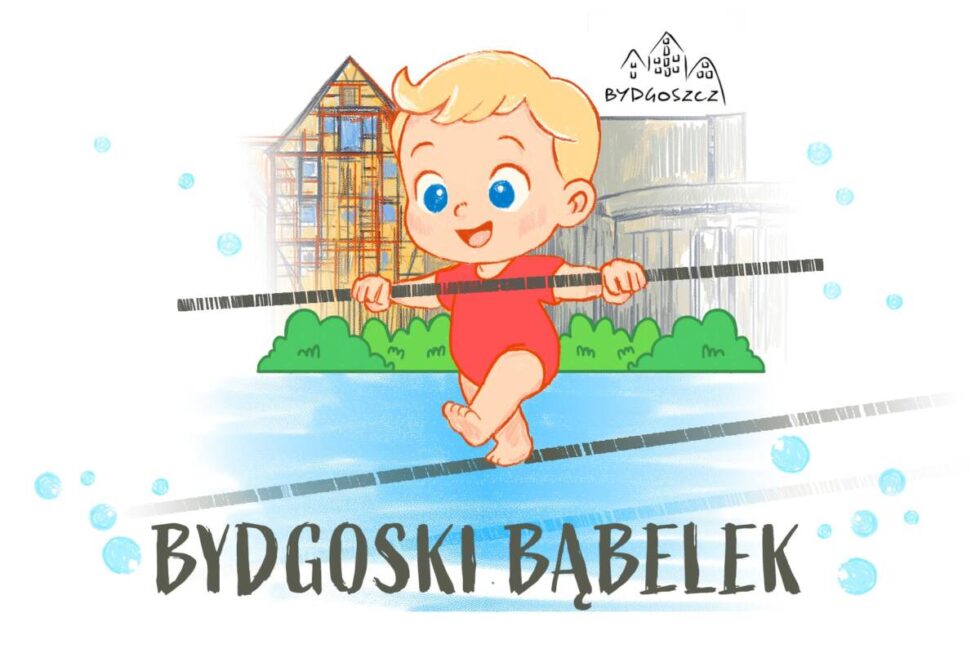 Bydgoski Bąbelek w roli Przechodzącego przez Rzekę – nowa grafika na upominku dla najmłodszych bydgoszczan