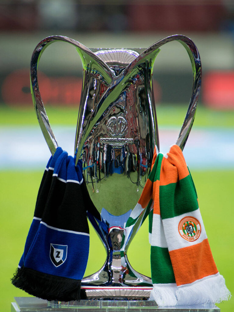 Trofeum - Puchar Polski z szalikami w barwach Zawiszy Bydgoszcz i Zagłębia Lubin