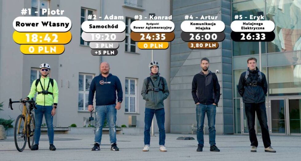 Czym najszybciej i najtaniej dojedziemy do centrum Bydgoszczy? Na testach rower, samochód, tramwaj i hulajnoga [WIDEO]